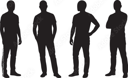 Canvastavla Four Bald Men Standing in Casual Poses Silhouette Illustration

Set of four black male silhouettes with bald or shaved heads, standing in casual poses including hand on hip and arms crossed
