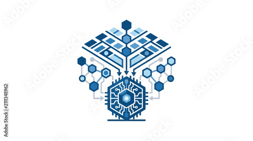 Isometric blue AI processor block with neural nodes.