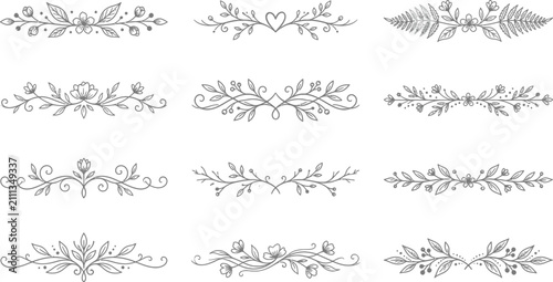 Floral ornament line border set. Hand drawn line doodle style floral divider elements. Flower, vine leaf ornament border frame text vintage flourish decoration. Vector illustration