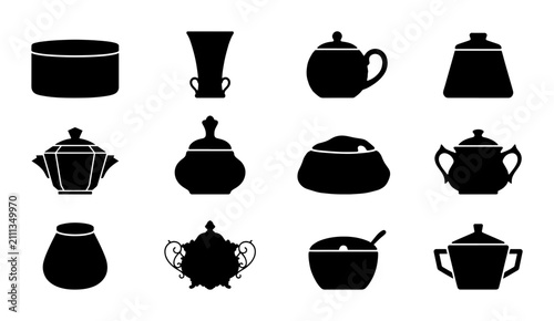 Foto Set of 12 Black Silhouette Sugar Bowls and Teapots, Vintage Kitchenware Icons fo