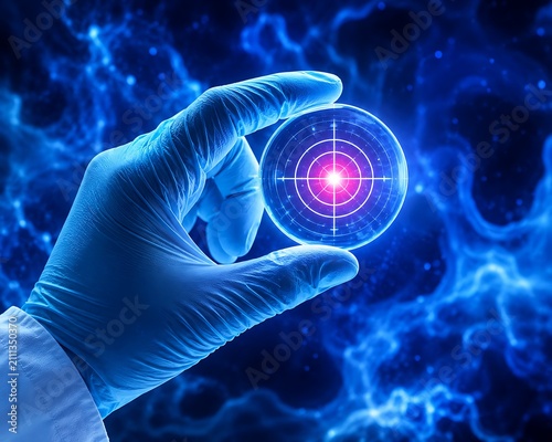 Futuristic medical research concept with gloved hand holding target lens, biotechnology and cancer cell therapy visualization, blue laboratory background
