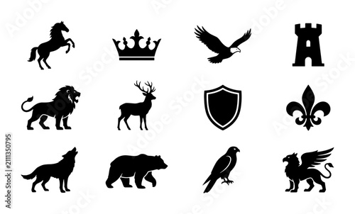 Bild auf Leinwand Heraldic Icons Set: Majestic Animals, Royal Crown, Castle Tower, Shield, Fleur-d