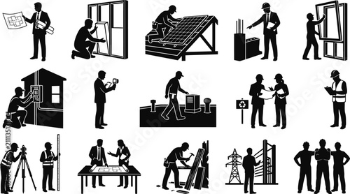 Schilderij op canvas Premium black and white silhouette collection set of professional construction w
