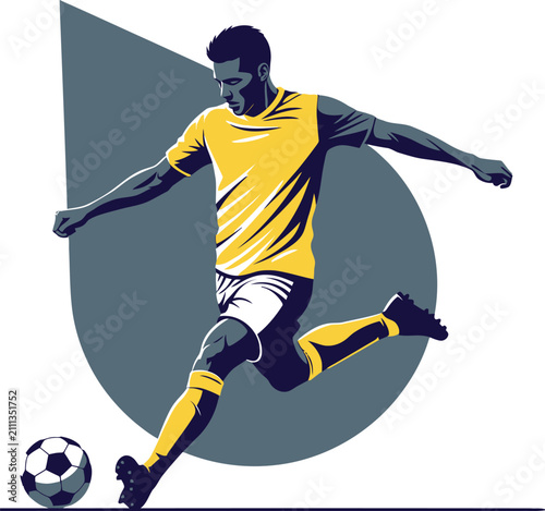 Vector Illustration of Professional Soccer Football Player in Yellow Jersey Kicking Ball Dynamic Athlete Striker Action Motion on Grey Abstract Background Graphic Element for Sports Design Banner