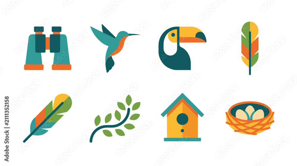 Obraz premium Collection of flat design icons related to birds and nature