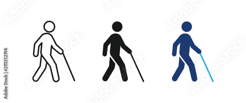 Foto Blind assistance icon, visually impaired stick person, cane stick support