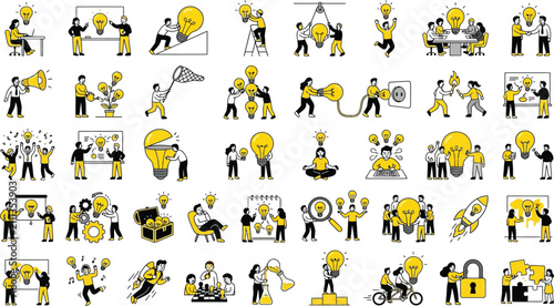 Business idea concept vector set, 35 creative light bulb icons, flat line art people brainstorming and innovating, yellow and black illustrations