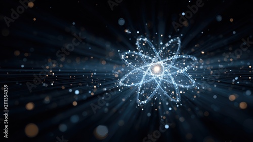 Abstract Glowing Atom Model With Light Rays And Floating Particles On A Dark Blue Background