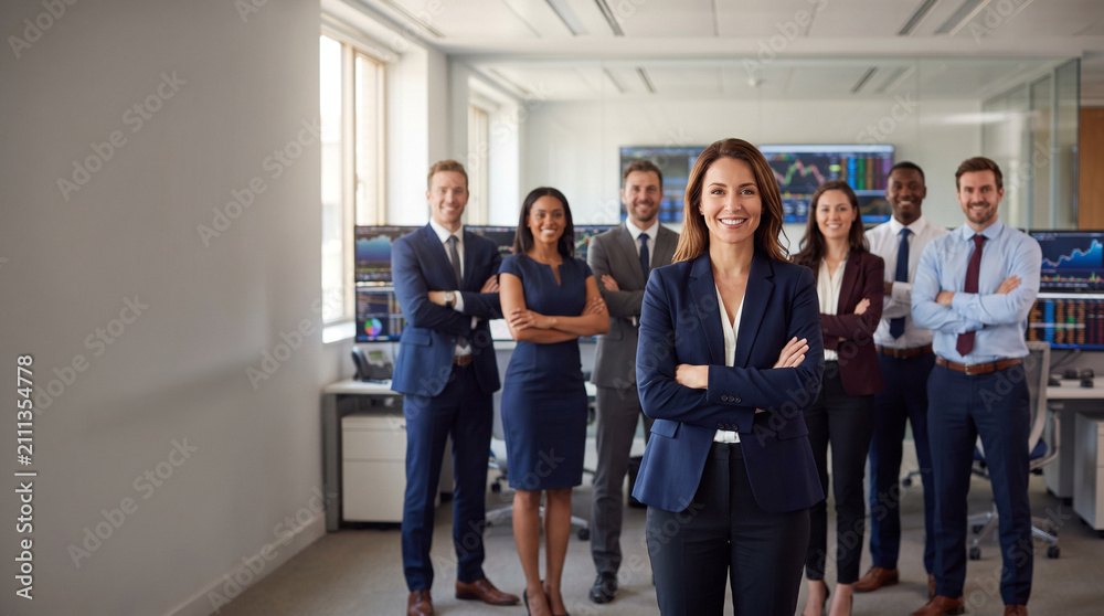 Obraz premium Portfolio manager leads diverse investment team in modern trading office, showcasing financial expertise, market analysis, wealth management and professional collaboration with copy space.