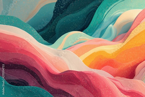 Abstract Wavy Layers With Grainy Texture In Vibrant Teal Pink Yellow And Orange Gradient Tones