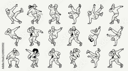 Fotografía Urban breakdance line art collection, 18 breakdancer vector silhouettes in dynam
