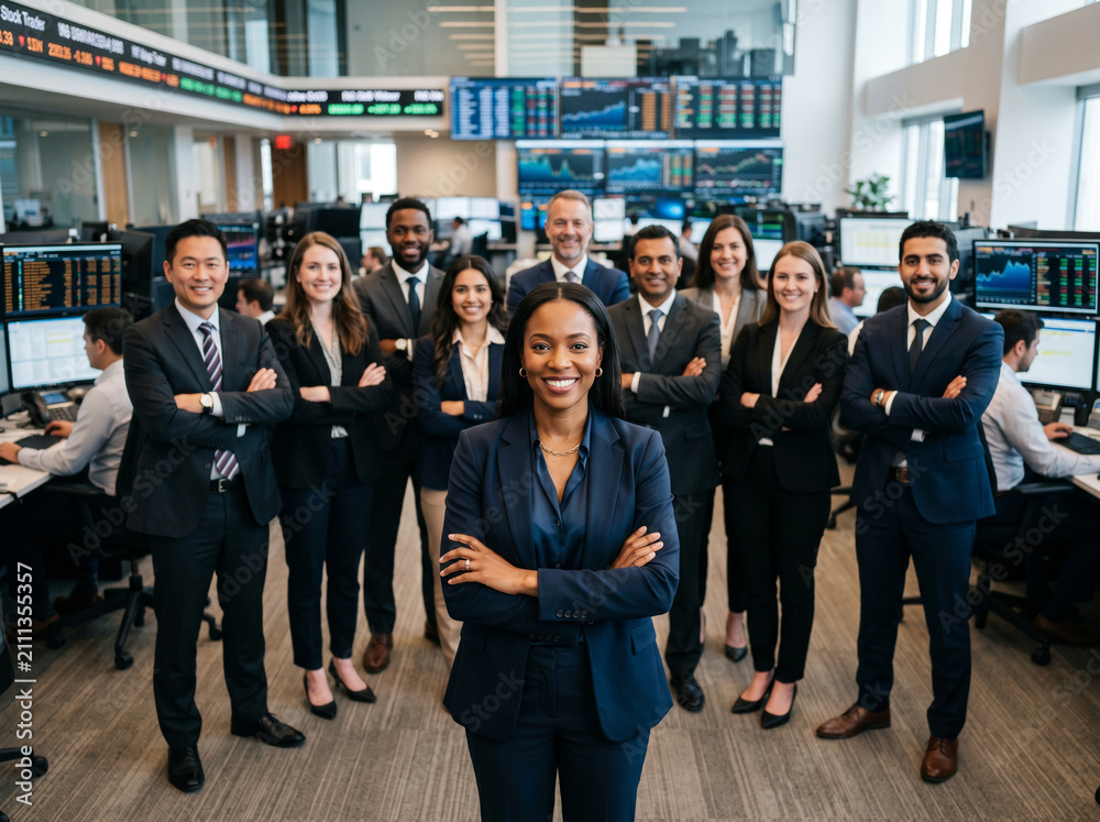 Fototapeta premium Portfolio manager leads diverse investment team in modern trading office, showcasing financial expertise, market analysis, wealth management and professional collaboration with copy space.
