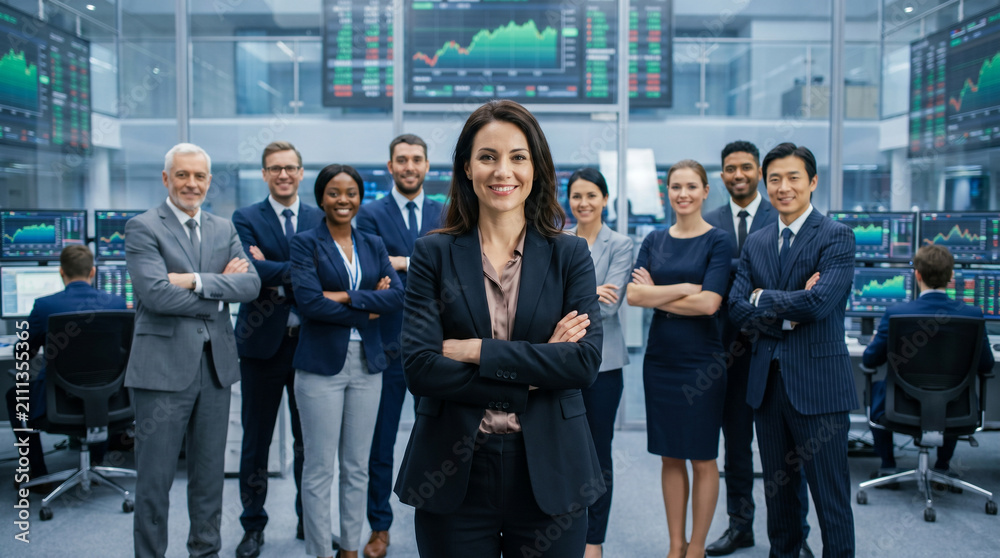Obraz premium Portfolio manager leads diverse investment team in modern trading office, showcasing financial expertise, market analysis, wealth management and professional collaboration with copy space.