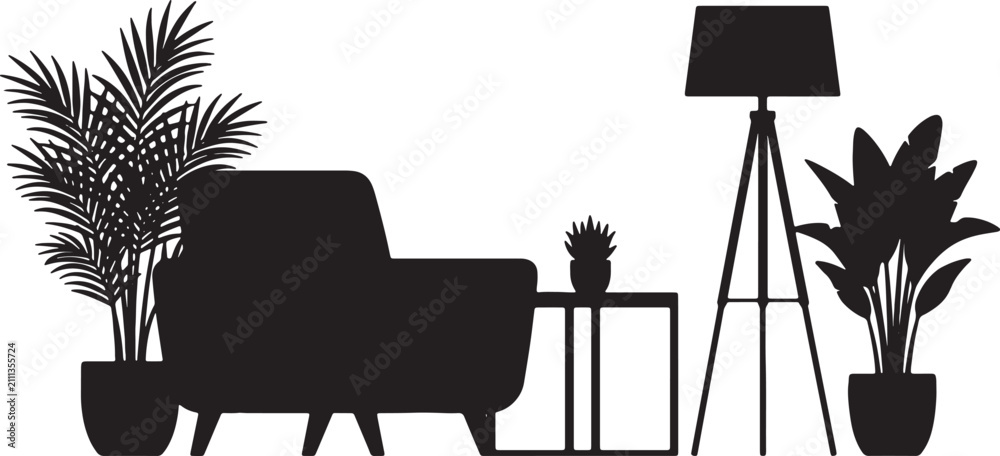 Fototapeta premium Black silhouette of modern living room furniture and plants isolated on white background, illustration