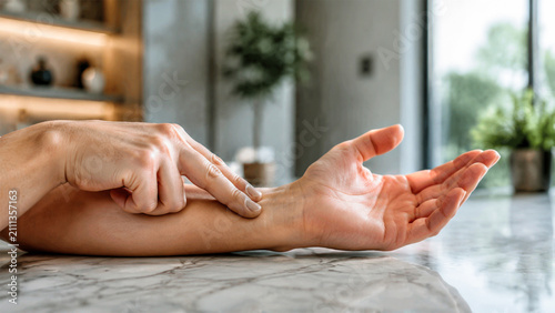 Pulse Check: A close-up view shows a person's hand gently pressing on their wrist to feel their pulse, a symbol of health and well-being.