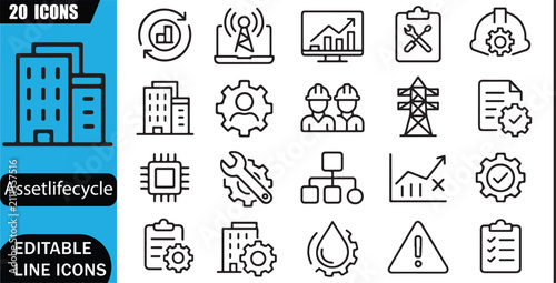 Isolated Asset Lifecycle Icons Set, Asset Management, Maintenance, Monitoring, 20 Editable Line Art Icons Set, Infrastructure, Equipment, Inspection, Performance, Reliability, Outline Vector
