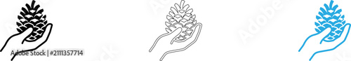 Photography Hand holding pine cone with three stylized variations in blue and black isolated