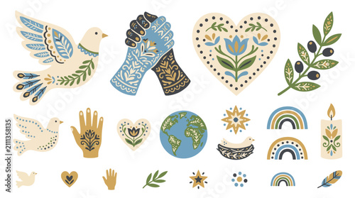 Folk art peace and unity vector symbols set featuring dove, olive branch, and shaking hands icons on white background