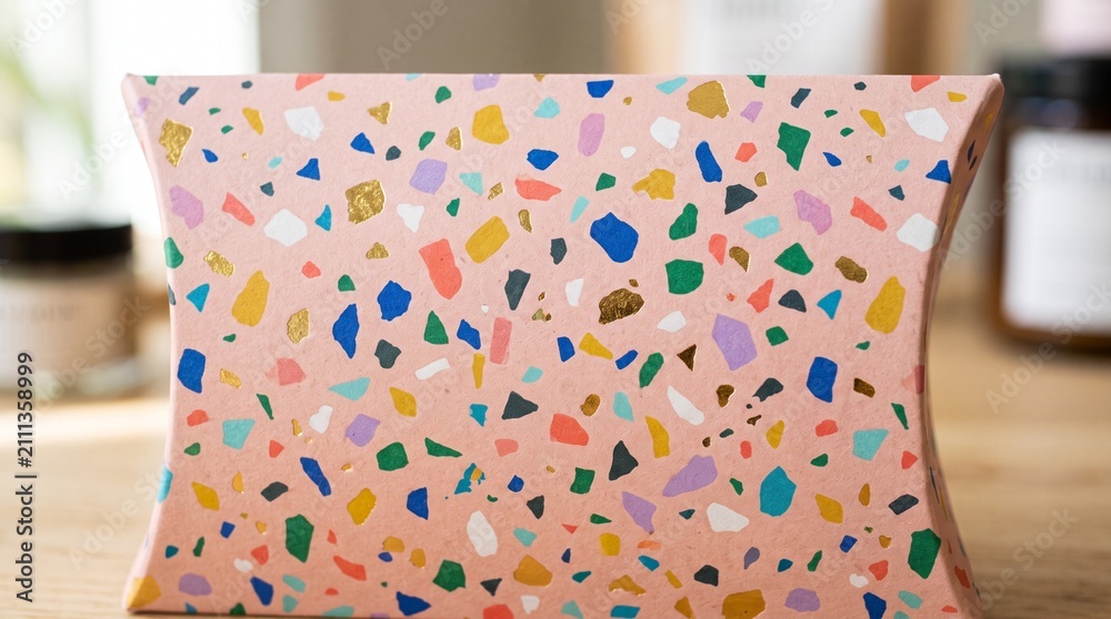 Obraz premium Pink pillow gift box with colorful terrazzo pattern and gold foil accents on a wooden table.