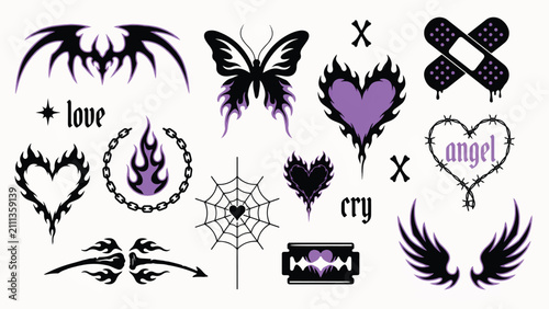 Y2k aesthetic emo and goth sticker pack with butterfly and heart symbols