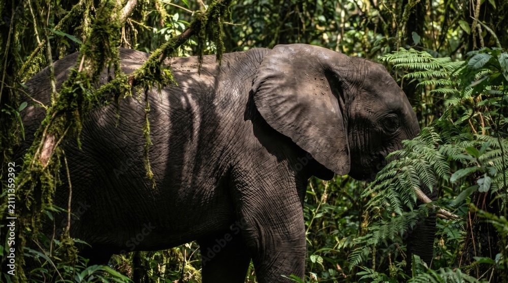 Fototapeta premium Young African elephant foraging in the dense tropical rainforest of a lush national park sanctuary
