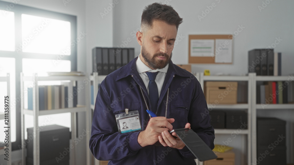 Fototapeta premium Man detective writing notes in notebook, hand holding pen, wearing badge and jacket inside building; duty focus.
