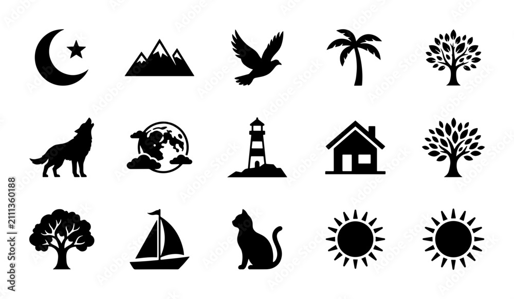 Fototapeta premium Nature and Travel Icons Set: Crescent Moon, Mountains, Dove, Palm Tree, Forest, Wolf, Earth, Lighthouse, House, Sailboat, Cat, Sun Symbols
