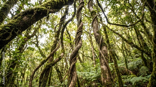 Konstfotografi Mysterious Ancient Jungle with Thick Twisted Vines and Mossy Trees in a Dense Tr