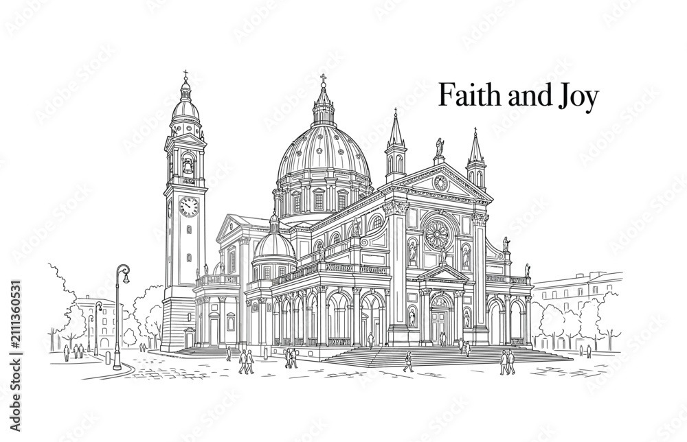 Obraz premium Elegant Cathedral Illustration, Faith and Joy Architecture, Religious Landmark Line Art, Sacred Building Facade, Spiritual Monument Drawing