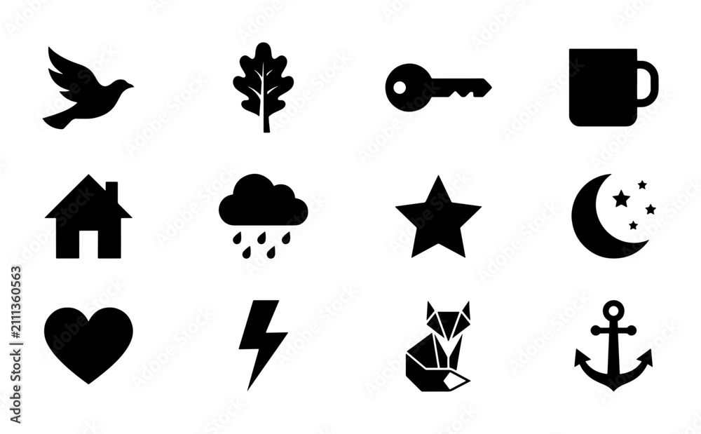 Fototapeta premium Set of 12 Black Silhouette Icons: Bird, Oak Leaf, Key, Mug, House, Rain Cloud, Star, Moon, Heart, Lightning Bolt, Fox, Anchor. Simple Vector Graphics for Design Projects.