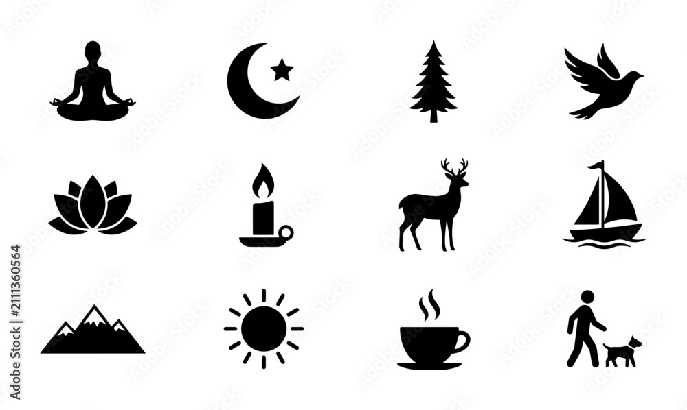Fototapeta premium Diverse Vector Icons: Meditation, Nature, Spirituality, and Lifestyle Symbols for Graphic Design Projects