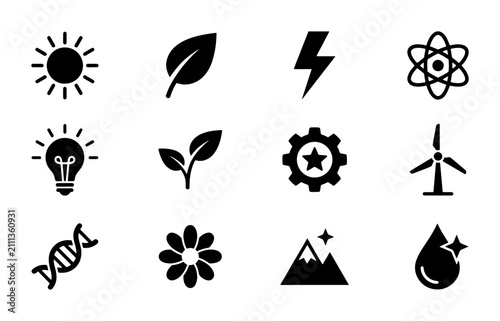 Eco-friendly Icons Set: Renewable Energy, Nature, Science & Sustainability Symbols, Clean Technology Vector Graphics for Environmental Concepts