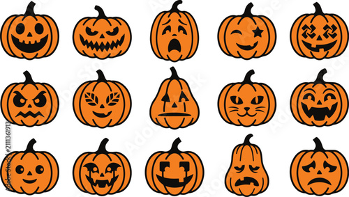 A collection of cute candy corn characters with various funny facial expressions arranged in a grid on white background