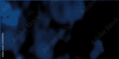 Hexagonal grid halftone pattern smooth blurred fluid texture ultra wide 32:9 aspect ratio navy blue vector abstract background. Hexagon half tone ultrawide format futuristic high-tech abstraction