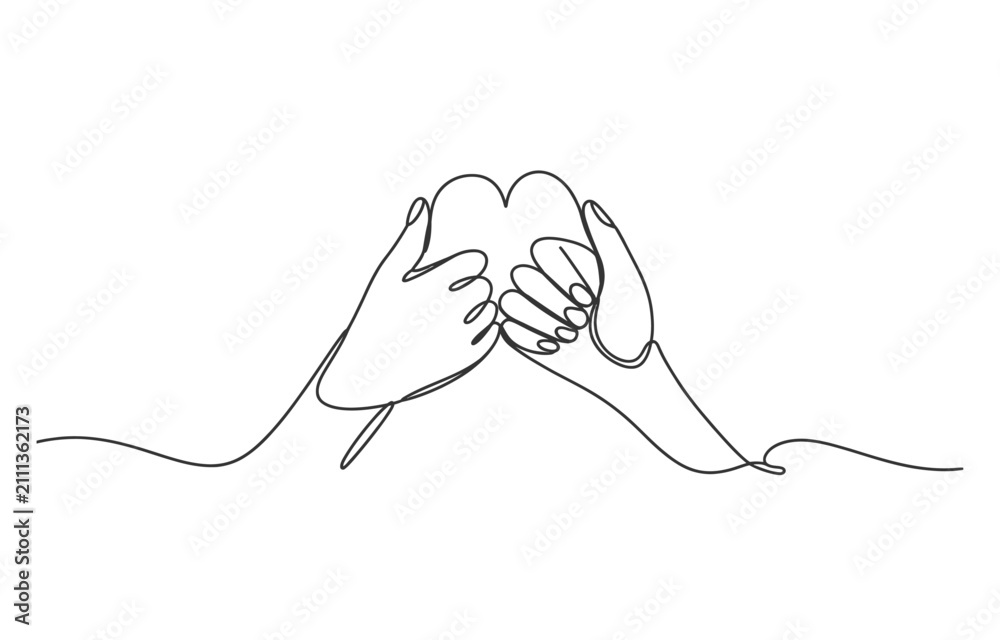 Obraz premium Continuous single line drawing of two hands holding a heart shape