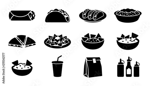 Foto Mexican Food Icons Vector Set: Tacos, Burritos, Nachos, and Condiments for Resta