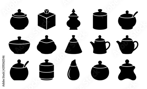 Quadro su tela Vector Collection of 15 Black Silhouette Sugar Bowls and Teapots, Kitchenware Ic