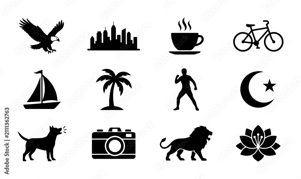 Fototapeta premium Diverse Silhouette Icon Set: Eagle, Cityscape, Coffee, Bicycle, Sailboat, Palm Tree, Runner, Crescent Moon, Dog, Camera, Lion, Lotus Flower Vector Graphics