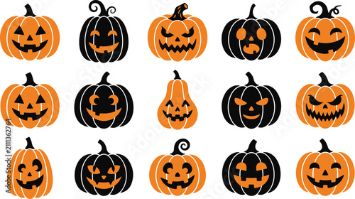 A collection of various candy corn shapes and patterns in orange and black colors for a fun halloween design
