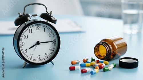 Classic twin bell alarm clock showing time near open medicine bottle with scattered multi colored capsules on bright table for daily health and medication schedule.