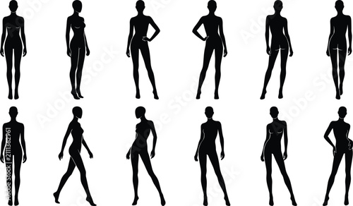 Female Mannequin And Fashion Model Poses Vector Silhouette Icons Set Including Walking Standing And Runway