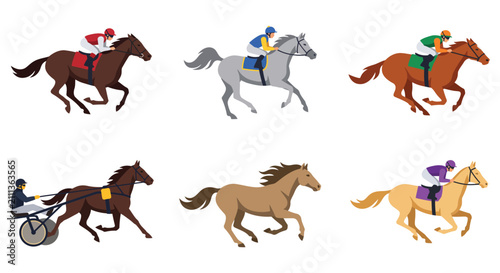 Konstfotografi Collection of stylized vector illustrations depicting horses and jockeys in moti