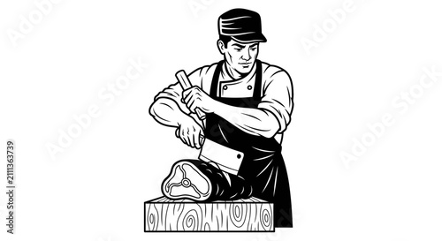 Bild auf Leinwand Butcher Cutting Fresh Meat with Cleaver Illustration