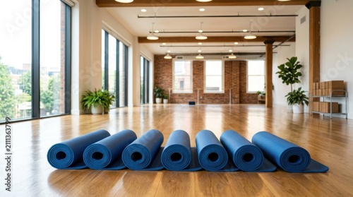 Yoga studio mats natural light wood floor