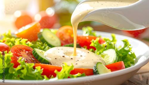 Fresh Salad with Creamy Dressing Being Poured on Top.