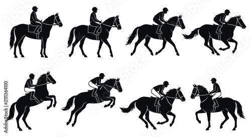 Bild auf Leinwand Horse and rider silhouettes in various equestrian poses against a white backgrou