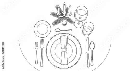 Christmas Dinner Table Setting Line Art Illustration