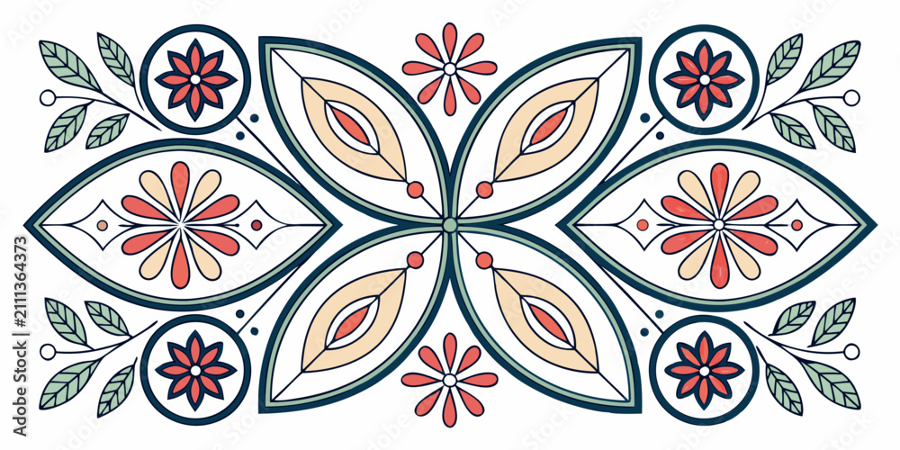 Fototapeta premium Symmetrical floral ornament decorative design with nature inspired, ornament