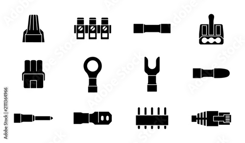 Electrical Connector Icons Set, Wire Terminal Symbols, Cable Plug and Socket Graphics, Electronic Component Silhouettes for Technical Design