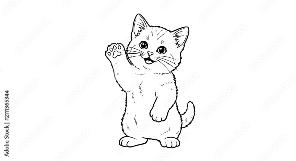 Fototapeta premium Cute Cartoon Kitten Waving Hello Line Art Illustration